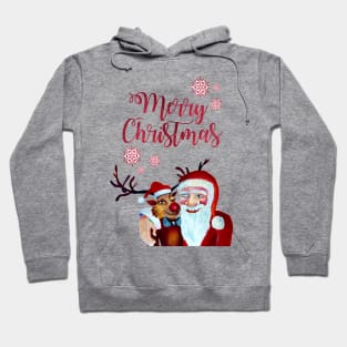 Smiling Santa with Funny Rudolph Watercolor Hoodie